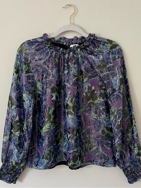 NWOT Revolve Saylor Beck Floral Metallic Blouse, Midnight Blue & Purple – Medium